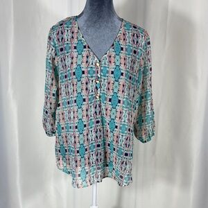 Living Doll Teal and Pink Patterned Blouse
